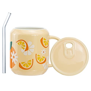 Sizikato Cute Porcelain 13 Oz Mug with Lid & Straw
