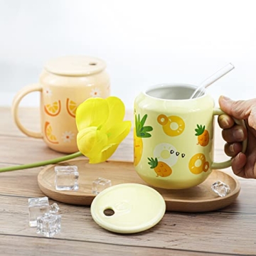 Sizikato Cute Porcelain 13 Oz Mug with Lid & Straw