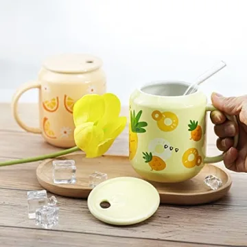 Sizikato Cute Porcelain 13 Oz Mug with Lid & Straw