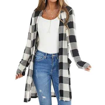 Dressmine Women's Buffalo Plaid Long Sleeve Open Front Cardigans Draped Snap Knit Sweater Coat with Pockets Black Small