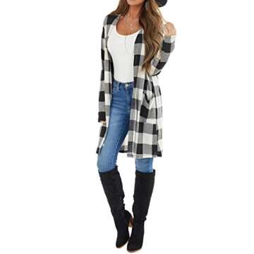 Dressmine Women's Buffalo Plaid Long Sleeve Open Front Cardigans Draped Snap Knit Sweater Coat with Pockets Black Small