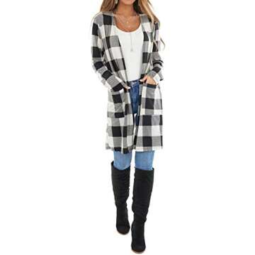 Dressmine Women's Buffalo Plaid Long Sleeve Open Front Cardigans Draped Snap Knit Sweater Coat with Pockets Black Small