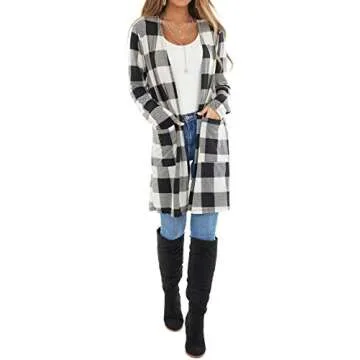 Dressmine Women's Buffalo Plaid Long Sleeve Open Front Cardigans Draped Snap Knit Sweater Coat with Pockets Black Small
