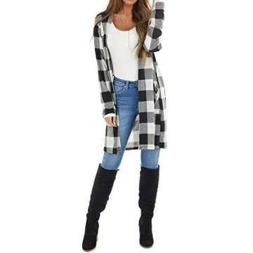 Dressmine Women's Buffalo Plaid Long Sleeve Open Front Cardigans Draped Snap Knit Sweater Coat with Pockets Black Small