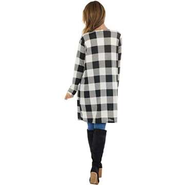 Dressmine Women's Buffalo Plaid Long Sleeve Open Front Cardigans Draped Snap Knit Sweater Coat with Pockets Black Small