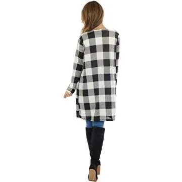 Dressmine Women's Buffalo Plaid Long Sleeve Open Front Cardigans Draped Snap Knit Sweater Coat with Pockets Black Small