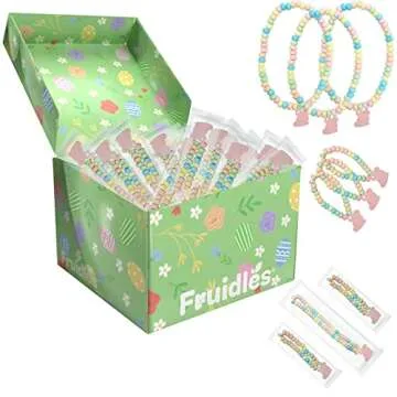 Fruidles Easter Bunny Candy Bracelet & Necklace, Multicolor Fruit-Flavored Chewables for Party Favors (24-Pack)