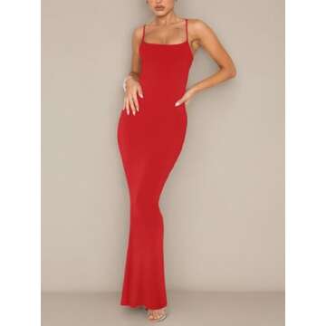 REORIA Women's Sexy Casual Lounge Slip Long Dress Elegant Wedding Guest Sleeveless Backless Ribbed Bodycon Maxi Dresses Red X-Small