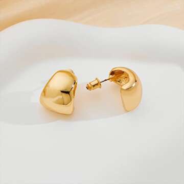 MUYAN Gold Chunky Thick Earrings for Women, Gold Dainty Wide Half Hoop Stud Earrings Lightweight Jewelry