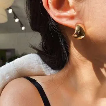 MUYAN Gold Chunky Thick Earrings for Women, Gold Dainty Wide Half Hoop Stud Earrings Lightweight Jewelry