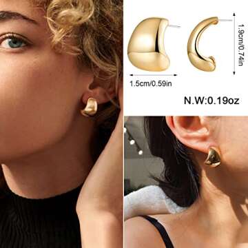 MUYAN Gold Chunky Thick Earrings for Women, Gold Dainty Wide Half Hoop Stud Earrings Lightweight Jewelry