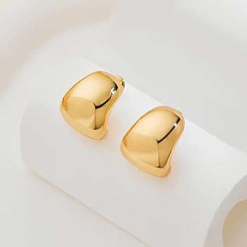 MUYAN Gold Chunky Thick Earrings for Women, Gold Dainty Wide Half Hoop Stud Earrings Lightweight Jewelry