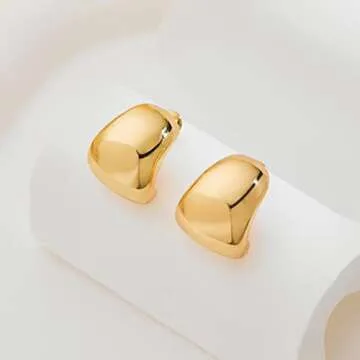 MUYAN Gold Chunky Thick Earrings for Women, Gold Dainty Wide Half Hoop Stud Earrings Lightweight Jewelry