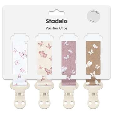 Baby Pacifier Clip Holder - Girl or Boy Unisex 4 Pack Gift Set – Boho Modern Neutral Butterflies (Anabella)