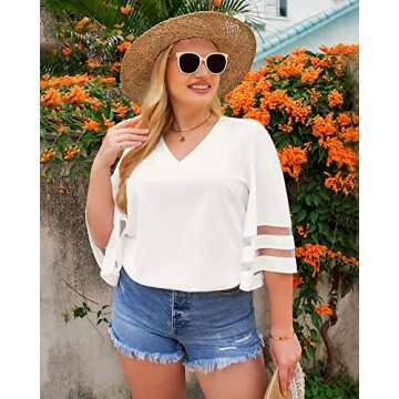 LookbookStore Women Vneck Mesh Panel Beige T Shirts for Women V Neck Casual V Neck 3/4 Bell Sleeve Blouse Loose Business Work Blouse and Tops Size Medium