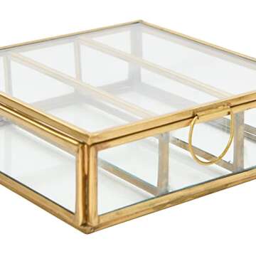 Creative Co-Op Metal and Glass 3 Compartments, Brass Finish Box, 5" L x 5" W x 2" H