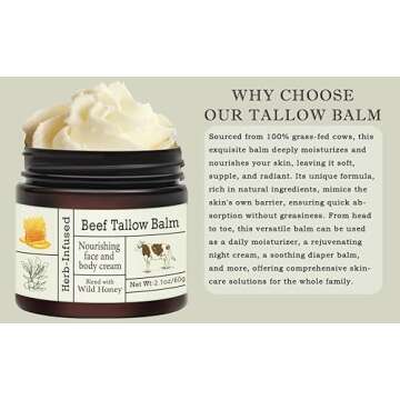 URQT Beef Tallow for Skin - Organic Grass-Fed Whipped Beef Tallow and Honey Balm - Deeply Moisturizing for Face & Body - Natural Skin Care for Soft, Supple Skin