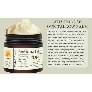 URQT Beef Tallow for Skin - Organic Grass-Fed Whipped Beef Tallow and Honey Balm - Deeply Moisturizing for Face & Body - Natural Skin Care for Soft, Supple Skin