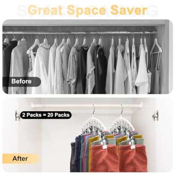 Legging Organizer for Closet, Metal Yoga Pants Hanger w/Rubber Coated 2 Pack w/10 Clips Hold 20 Leggings, Hangers Space Saving Hanging Closet Organizer for Closet Organizers and Storage-White