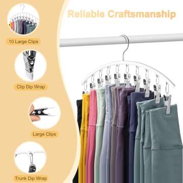 Legging Organizer for Closet, Metal Yoga Pants Hanger w/Rubber Coated 2 Pack w/10 Clips Hold 20 Leggings, Hangers Space Saving Hanging Closet Organizer for Closet Organizers and Storage-White