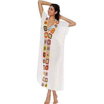 Women Long Maxi Cover Ups Swimsuit Turkish Ethnic Print Kaftan Beach Dress White (A-White)