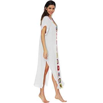 Women Long Maxi Cover Ups Swimsuit Turkish Ethnic Print Kaftan Beach Dress White (A-White)