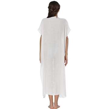 Women Long Maxi Cover Ups Swimsuit Turkish Ethnic Print Kaftan Beach Dress White (A-White)