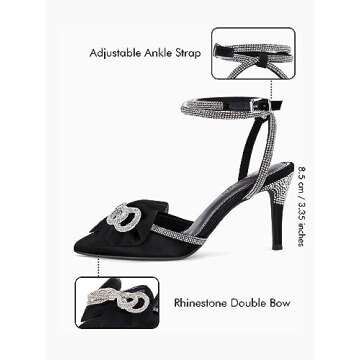 Coutgo Bow Heels for Women Rhinestone Satin Bridal Wedding Shoes Strappy Closed Toe Sandals Stiletto Dressy High Heel,Black, Size 9.5