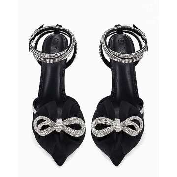 Coutgo Bow Heels for Women Rhinestone Satin Bridal Wedding Shoes Strappy Closed Toe Sandals Stiletto Dressy High Heel,Black, Size 9.5