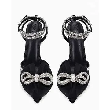 Coutgo Bow Heels for Women Rhinestone Satin Bridal Wedding Shoes Strappy Closed Toe Sandals Stiletto Dressy High Heel,Black, Size 9.5