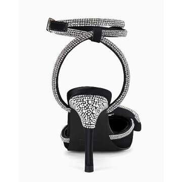Coutgo Bow Heels for Women Rhinestone Satin Bridal Wedding Shoes Strappy Closed Toe Sandals Stiletto Dressy High Heel,Black, Size 9.5
