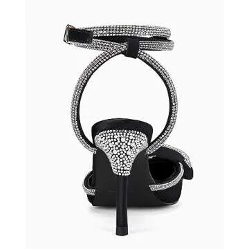 Coutgo Bow Heels for Women Rhinestone Satin Bridal Wedding Shoes Strappy Closed Toe Sandals Stiletto Dressy High Heel,Black, Size 9.5