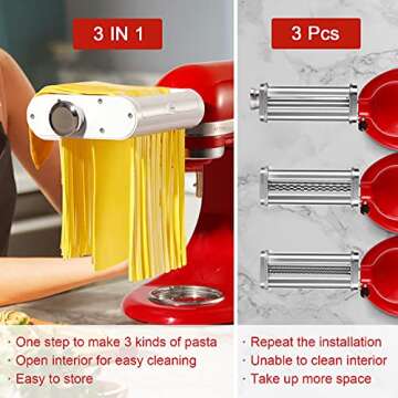 Pasta Maker Attachment for Kitchenaid Stand Mixers 3 in 1 Set Includes Pasta Roller Spaghetti Cutter...