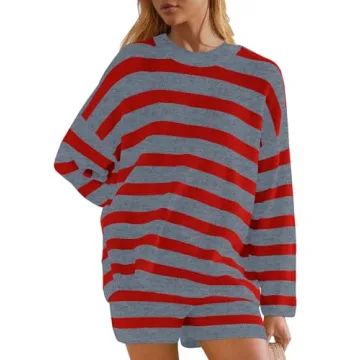 Panadila Women's Comfy Striped Lounge Sweater Set in Grey Red