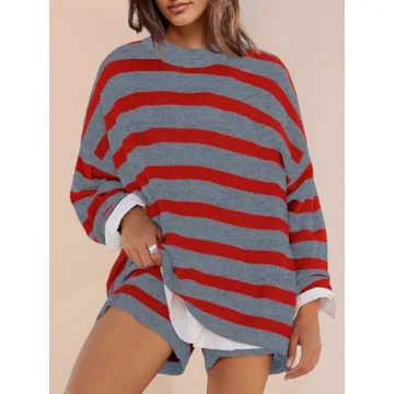 Panadila Women's Comfy Striped Lounge Sweater Set in Grey Red