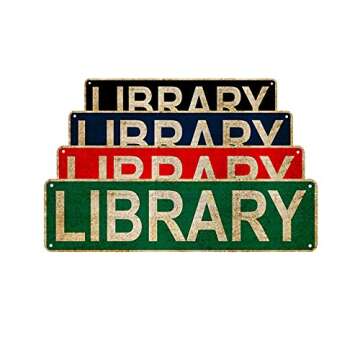 Vintage Library Street Sign Rustic Metal Tin Sign Home Outdoor Art Wall Decor 6x16 Inch （Black）