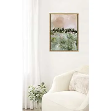 Kate and Laurel Sylvie Landscape 01 Framed Canvas Wall Art by Annie Quigley, 18x24 Natural, Soft Watercolor Nature Landscape with Greenery Art for Wall Decor