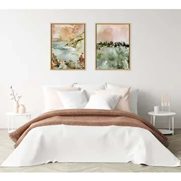 Kate and Laurel Sylvie Landscape 01 Framed Canvas Wall Art by Annie Quigley, 18x24 Natural, Soft Watercolor Nature Landscape with Greenery Art for Wall Decor