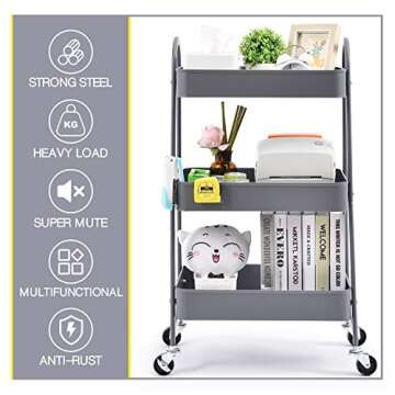 3-Tier Utility Rolling Cart for Home Office Organization