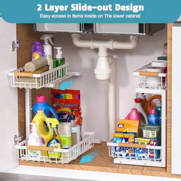 Liuoud Under Sink Organizer Storage - 2 Tier Height Adjustable Pull Out Basket for Kitchen & Bathroo...