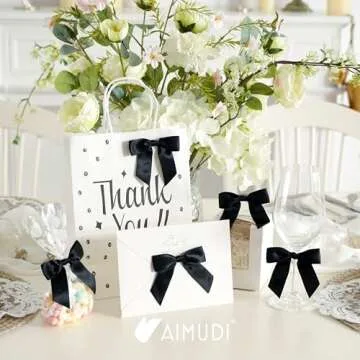 AIMUDI Black Satin Twist Tie Bows for Graduation Decorations - 3.5" Premade Bows for Crafts, Treat Bags, Cake Pops & Wedding Favors - 50 Pack