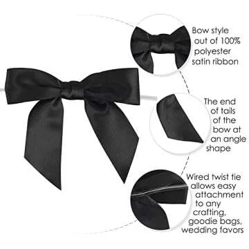 AIMUDI Black Satin Twist Tie Bows for Graduation Decorations - 3.5" Premade Bows for Crafts, Treat Bags, Cake Pops & Wedding Favors - 50 Pack