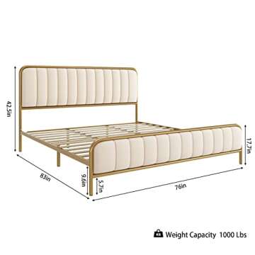 HITHOS King Size Bed Frame, Upholstered Bed Frame with Button Tufted Headboard, Heavy Duty Metal Mattress Foundation with Wooden Slats, Easy Assembly, No Box Spring Needed (Golden/Off White)