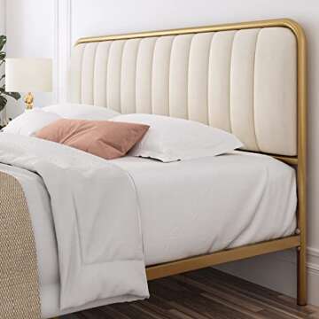 HITHOS King Size Bed Frame, Upholstered Bed Frame with Button Tufted Headboard, Heavy Duty Metal Mattress Foundation with Wooden Slats, Easy Assembly, No Box Spring Needed (Golden/Off White)