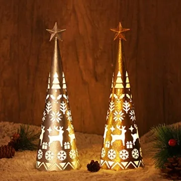 Juegoal 11.6 Inch Lighted Christmas Table Decorations with Star, Cone Shaped 10 LED Lights Battery O...