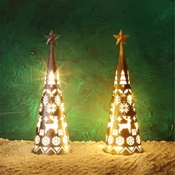Juegoal 11.6 Inch Lighted Christmas Table Decorations with Star, Cone Shaped 10 LED Lights Battery Operated, Indoor Xmas Holiday Wedding Party Tabletop Desk Ornament, 2 Pack (Gold, Silver)