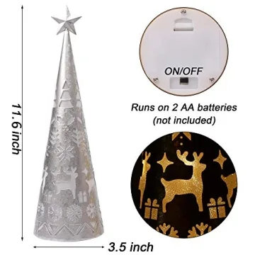 Juegoal 11.6 Inch Lighted Christmas Table Decorations with Star, Cone Shaped 10 LED Lights Battery Operated, Indoor Xmas Holiday Wedding Party Tabletop Desk Ornament, 2 Pack (Gold, Silver)