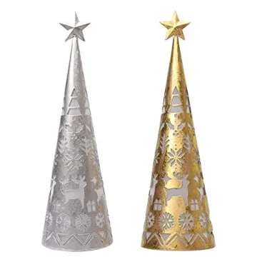 Juegoal 11.6 Inch Lighted Christmas Table Decorations with Star, Cone Shaped 10 LED Lights Battery Operated, Indoor Xmas Holiday Wedding Party Tabletop Desk Ornament, 2 Pack (Gold, Silver)