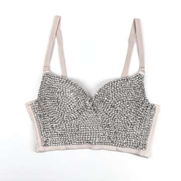 VEENDEO Women's Bustier Crop Top Mesh Corset Top Push up Rhinestone Diamond Bra Club Party Vest (#2 Silver&Beige, XS)