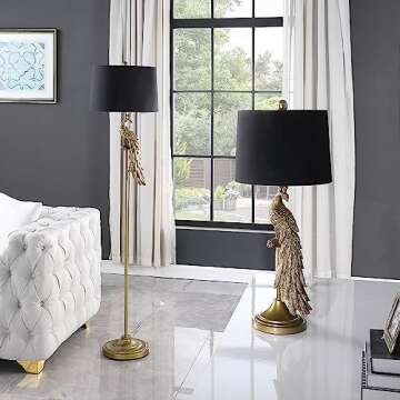 ORE International 64.5" in Modern Elegance Golden Peacock On A Pedestal Polyresin Floor Lamp